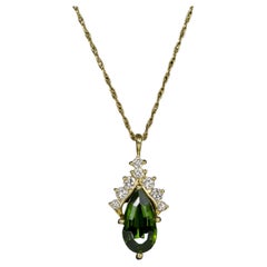 Green Tourmaline Diamond Necklace Teardrop Shape Pear 18k Gold Pendant Cluster