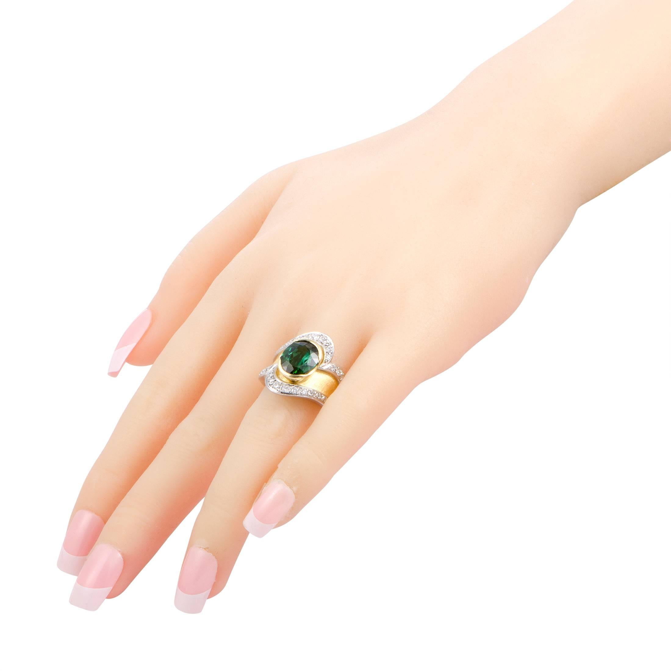 Women's Green Tourmaline Diamond Platinum and Gold Ring