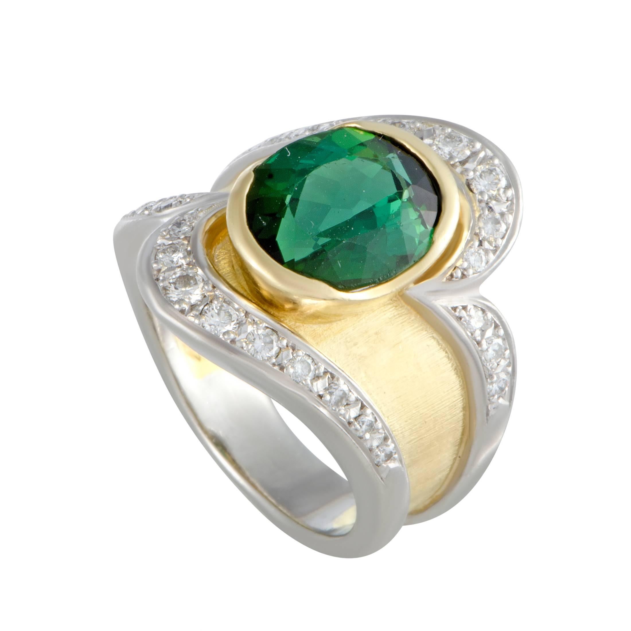 Green Tourmaline Diamond Platinum and Gold Ring