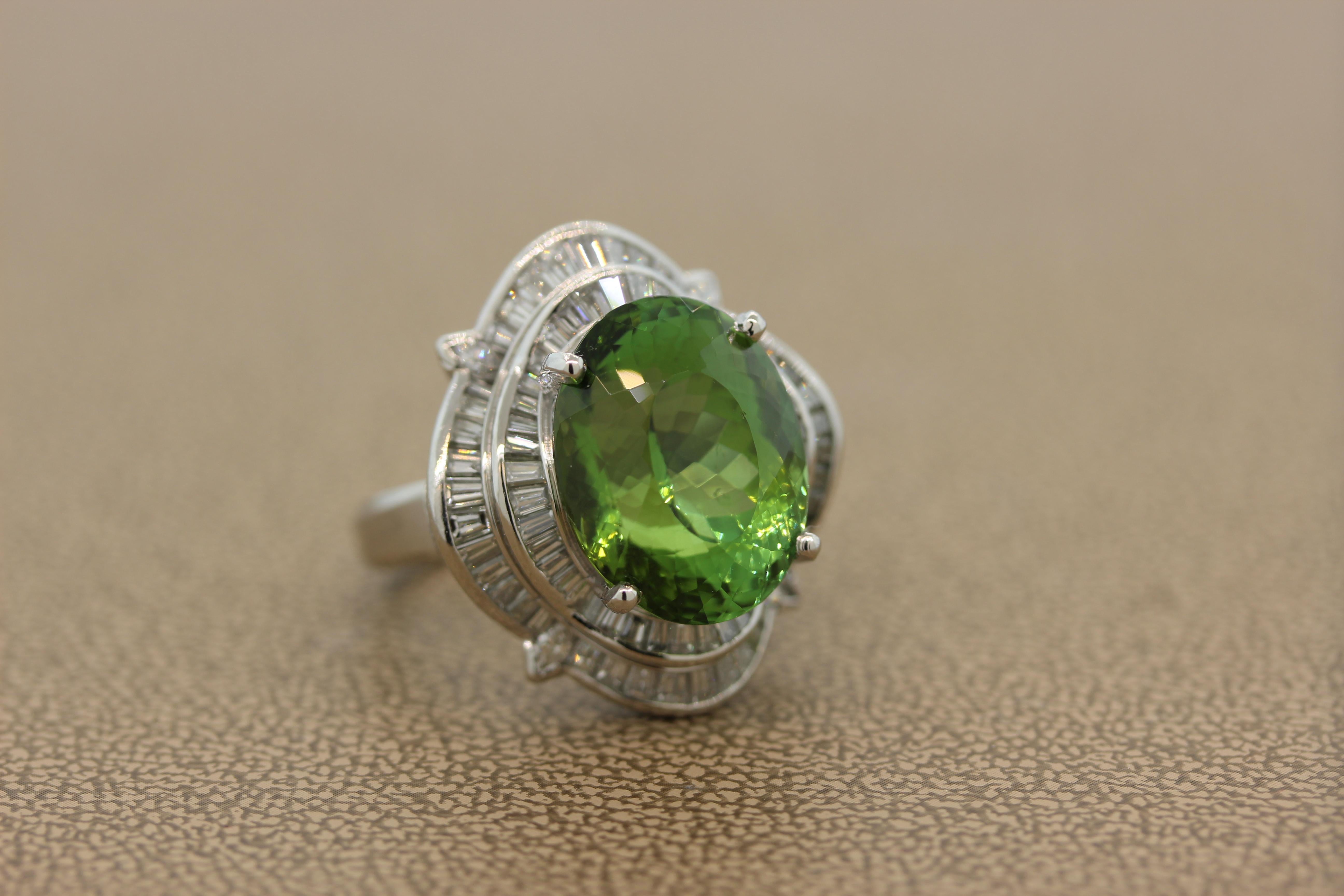 Oval Cut Green Tourmaline Diamond Platinum Cocktail Ring