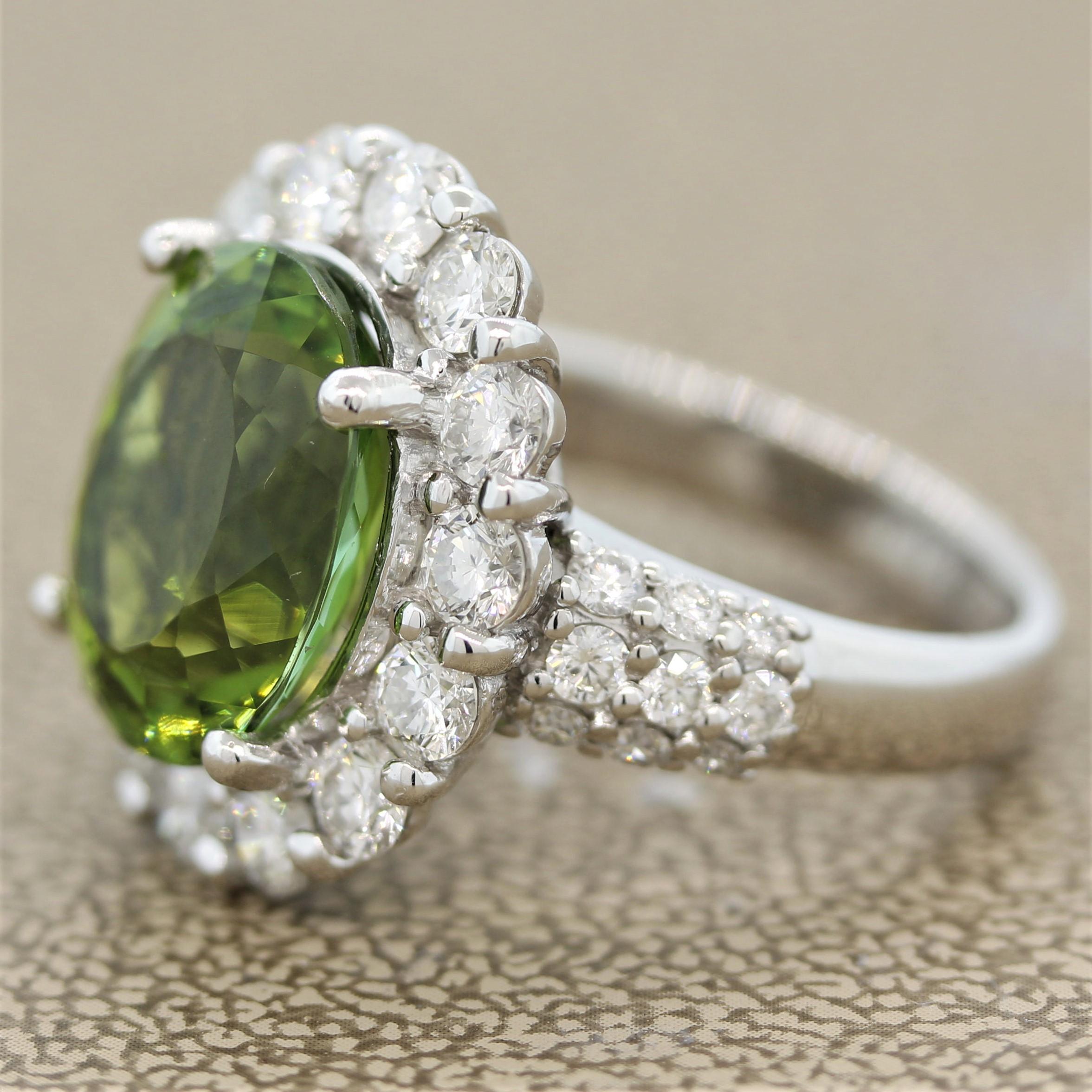 Oval Cut Green Tourmaline Diamond Platinum Cocktail Ring For Sale