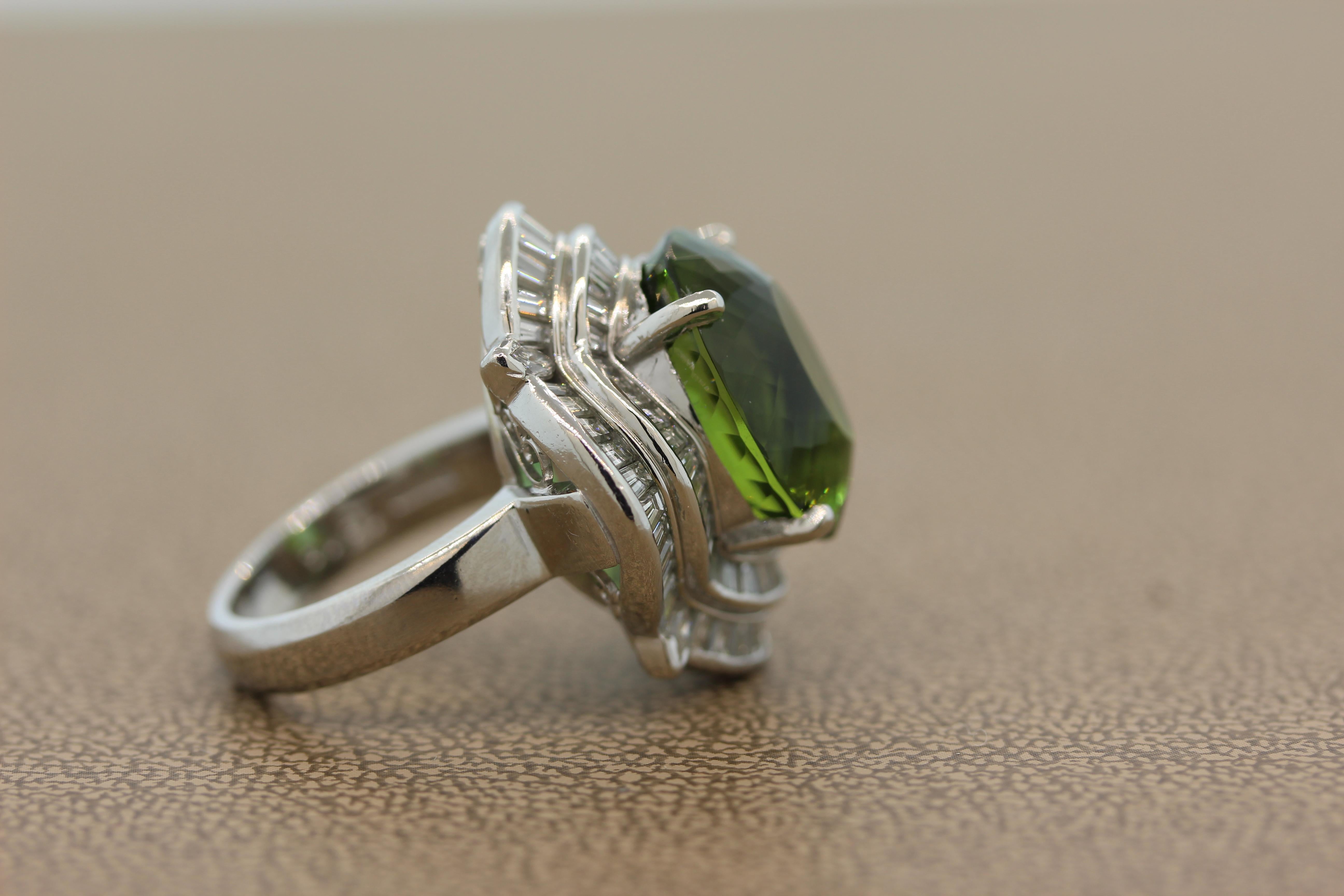Green Tourmaline Diamond Platinum Cocktail Ring In Excellent Condition In Beverly Hills, CA