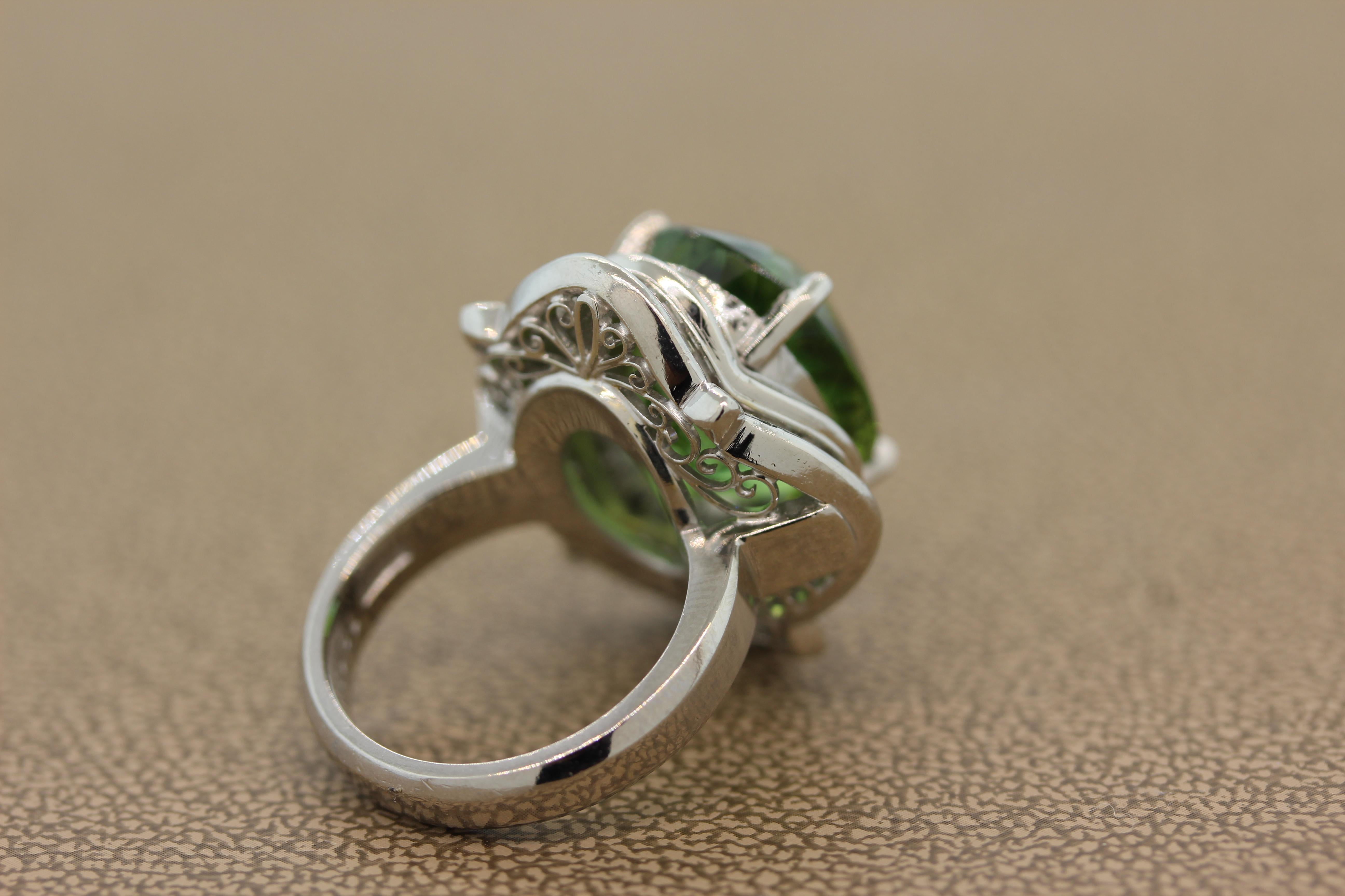 Women's or Men's Green Tourmaline Diamond Platinum Cocktail Ring