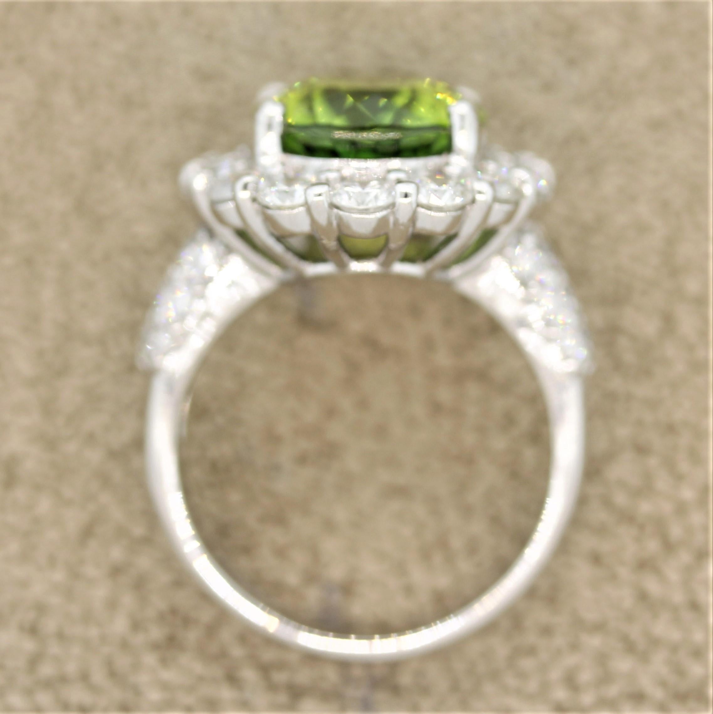 Green Tourmaline Diamond Platinum Cocktail Ring For Sale 1