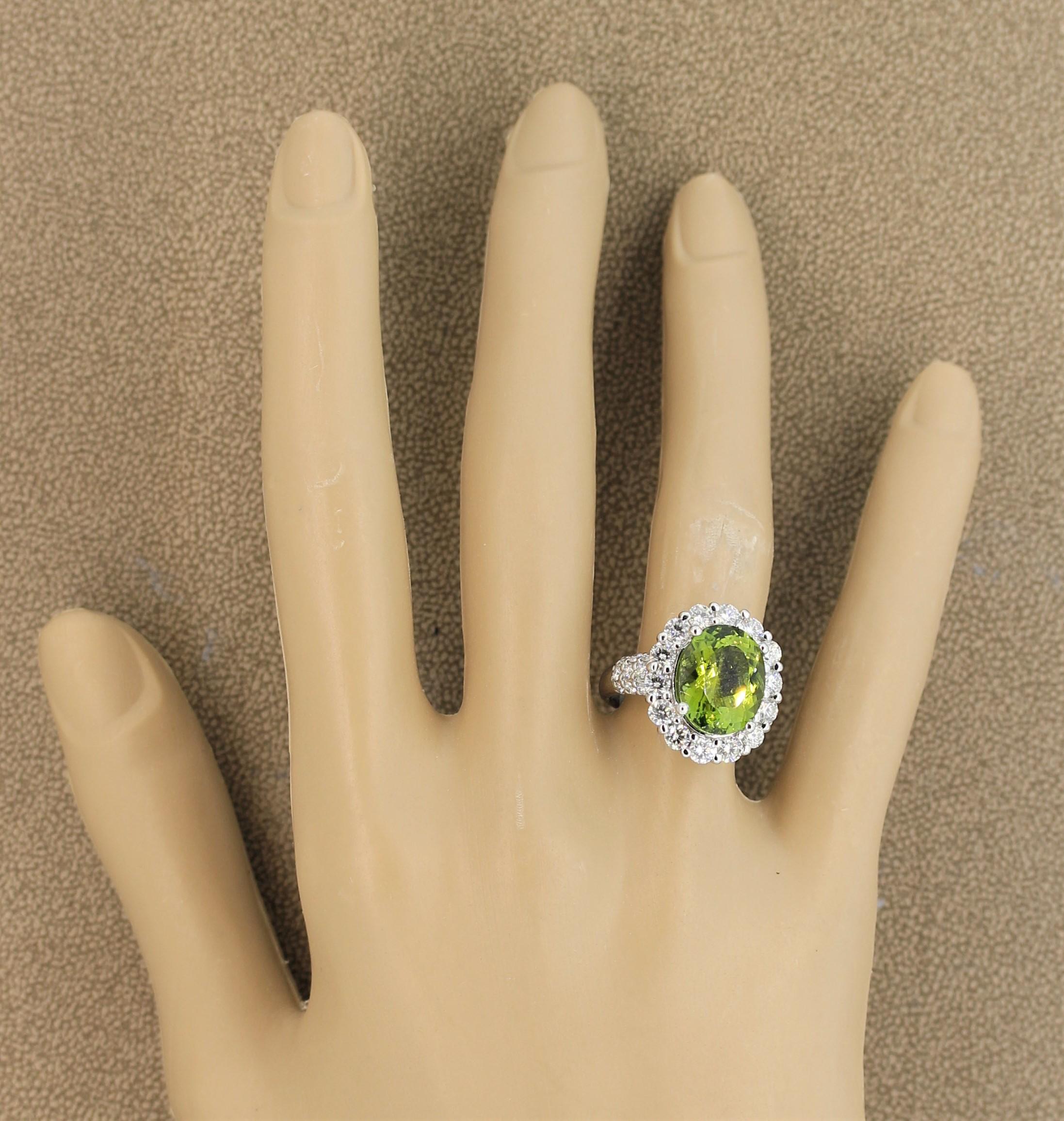 Green Tourmaline Diamond Platinum Cocktail Ring For Sale 3