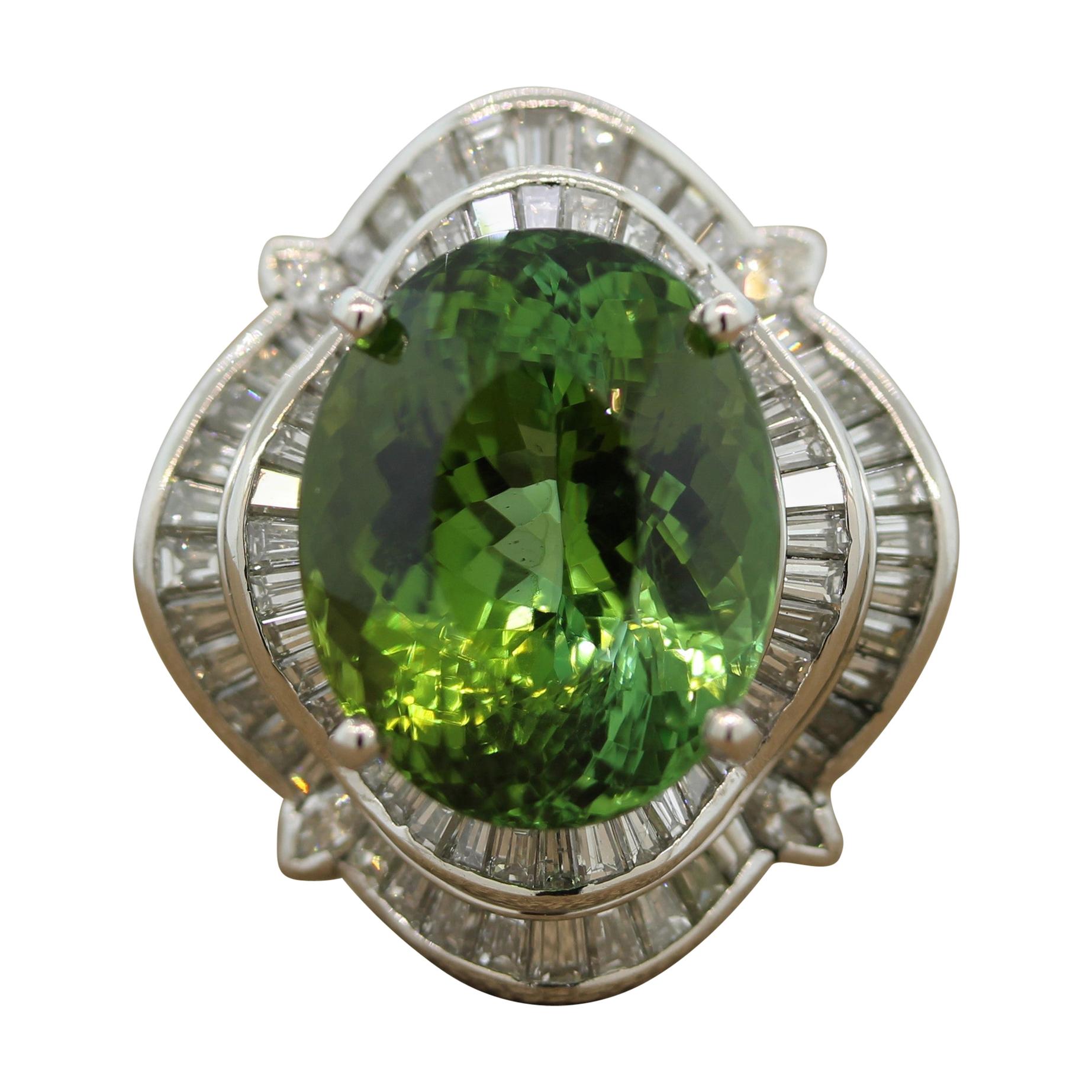 Green Tourmaline Diamond Platinum Cocktail Ring
