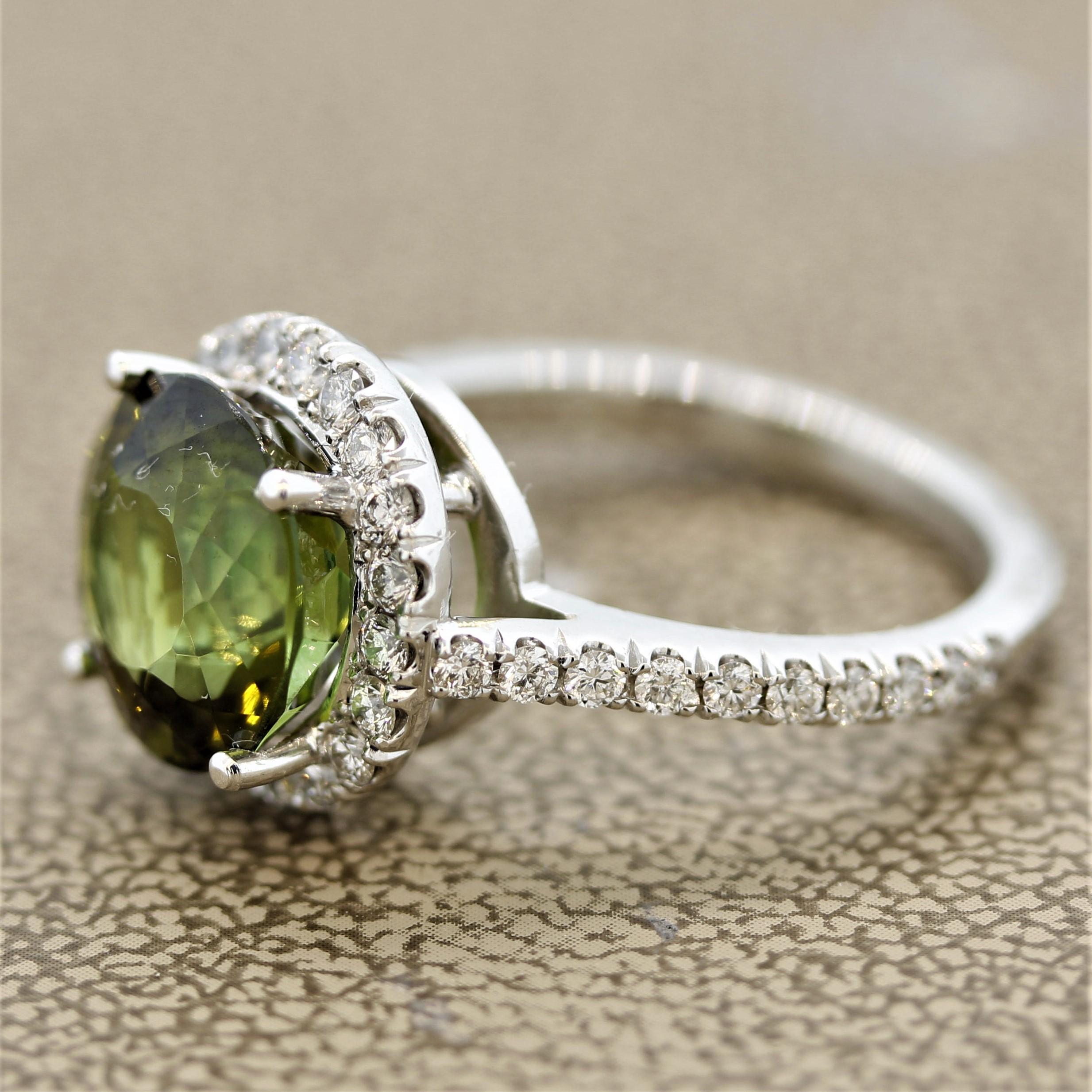 Round Cut Green Tourmaline Diamond Platinum Ring