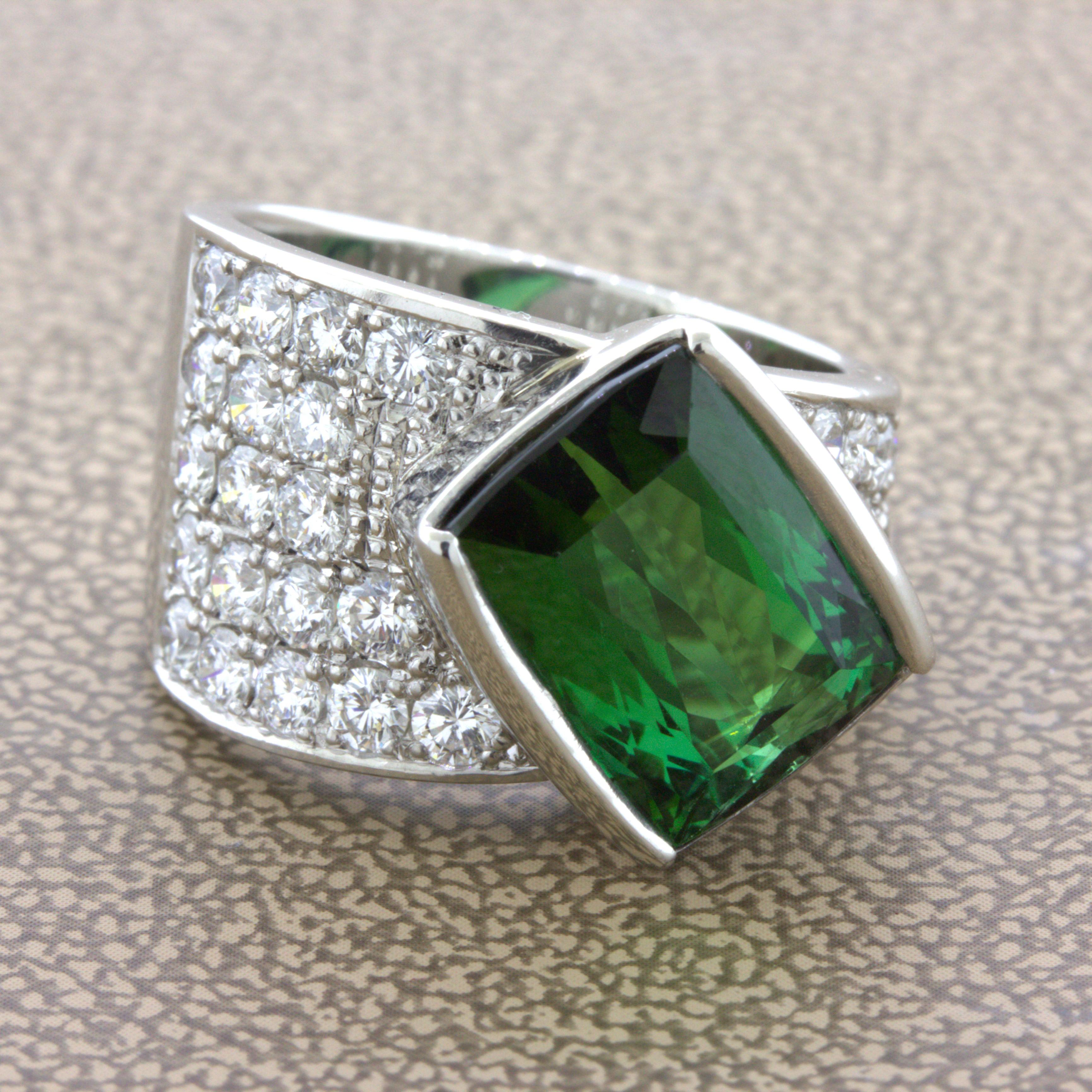 Cushion Cut Green Tourmaline Diamond Platinum Ring For Sale