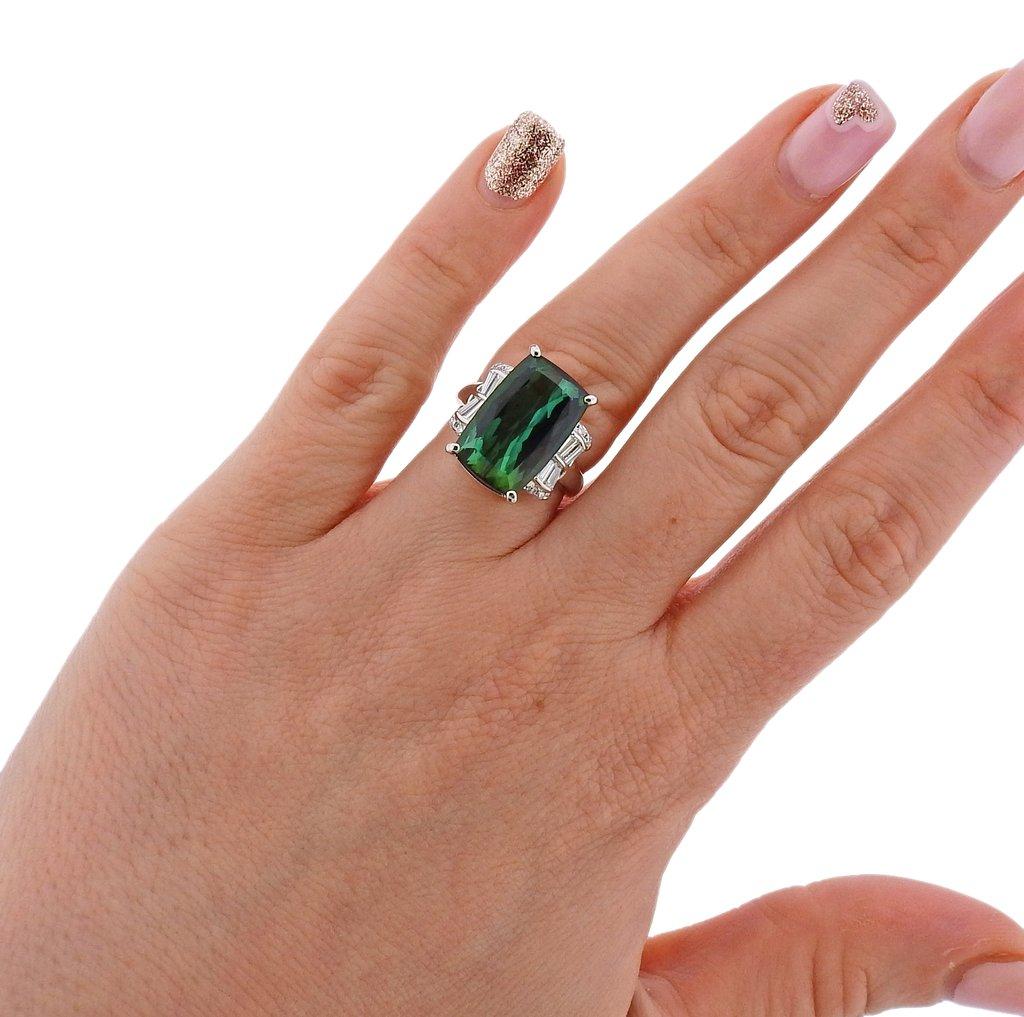 Women's or Men's Green Tourmaline Diamond Platinum Ring