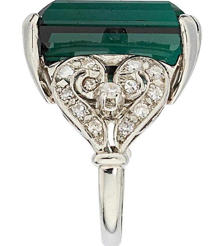 Women's or Men's Platinum 17.5 Ct Emerald-Cut Green Tourmaline 0.30 ct Diamond Ring Size 6.25 For Sale