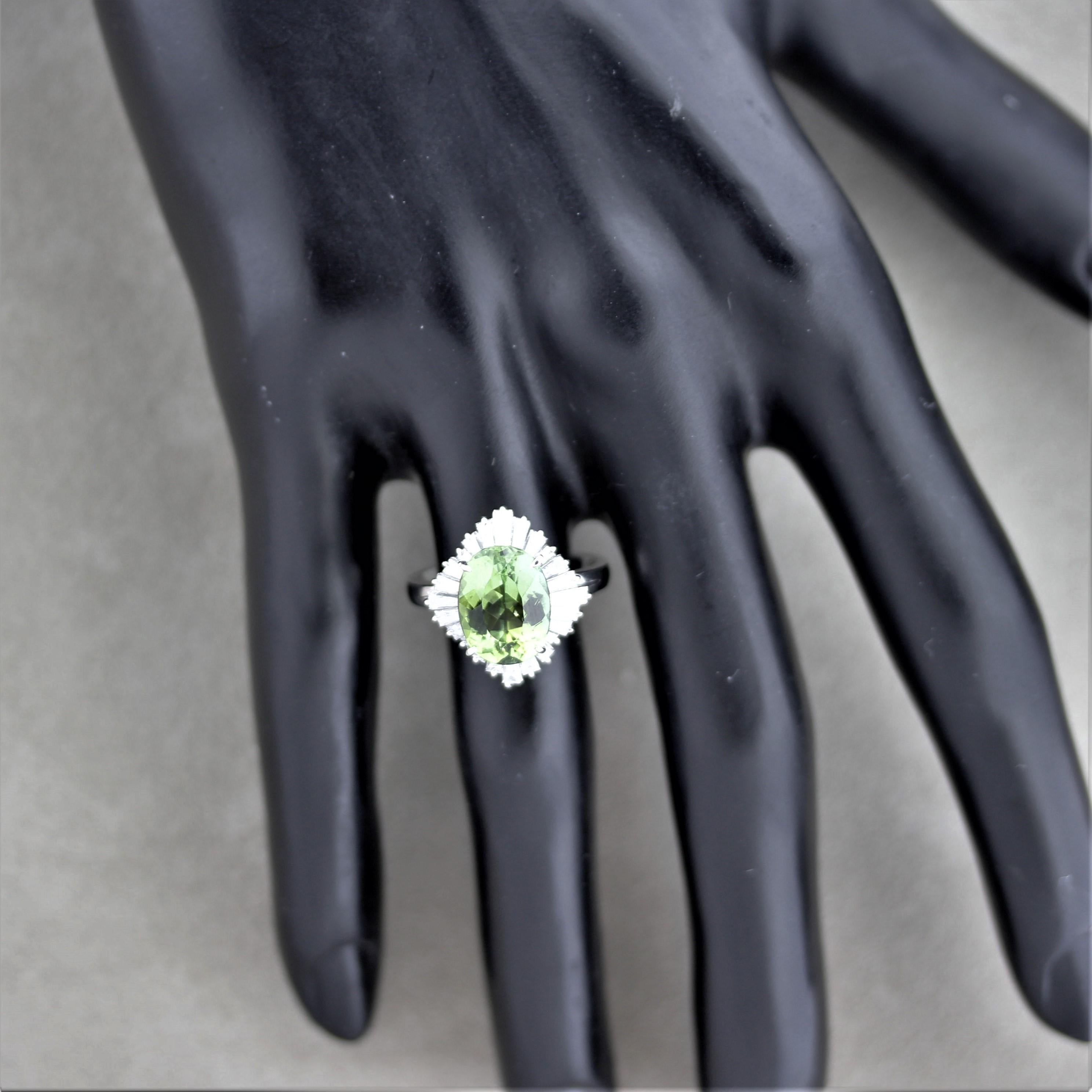 Green Tourmaline Diamond Platinum Ring For Sale 2