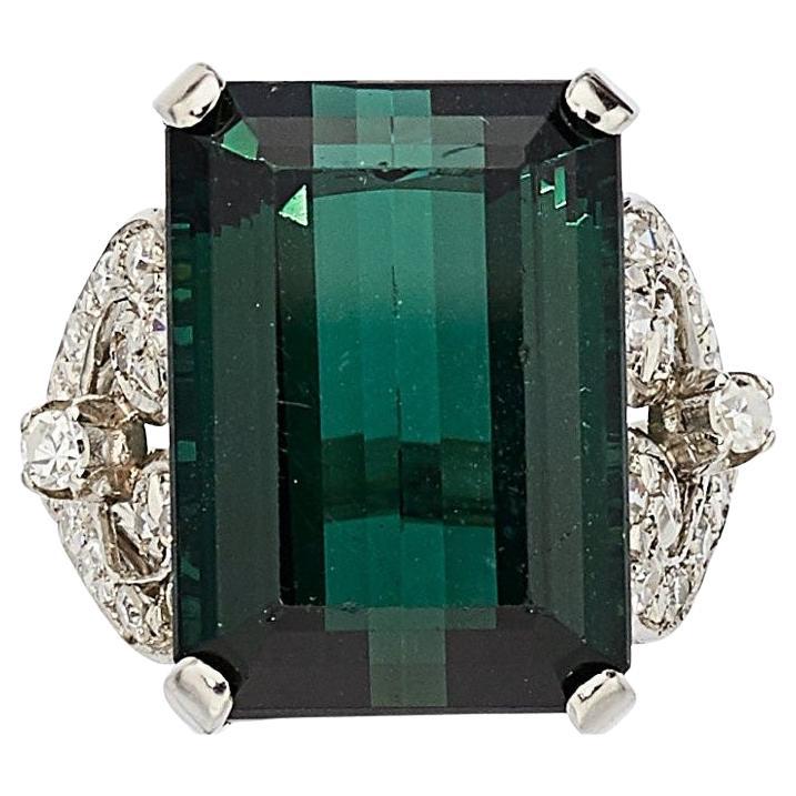 Anillo de platino 17,5 ct Turmalina verde talla esmeralda 0,30 ct Diamante Talla 6,25