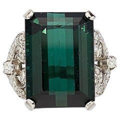 Anillo de platino 17,5 ct Turmalina verde talla esmeralda 0,30 ct Diamante Talla 6,25