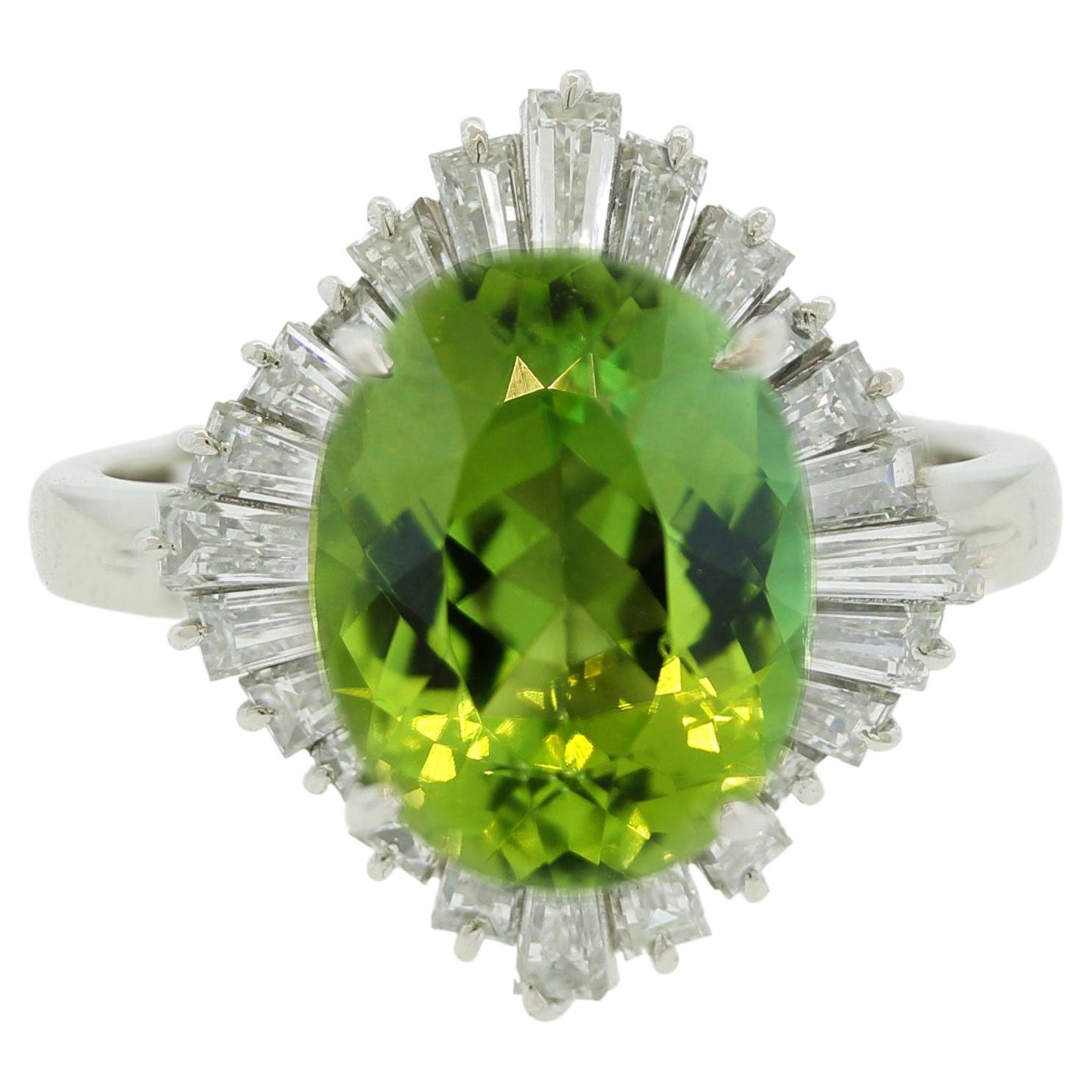 Green Tourmaline Diamond Platinum Ring For Sale
