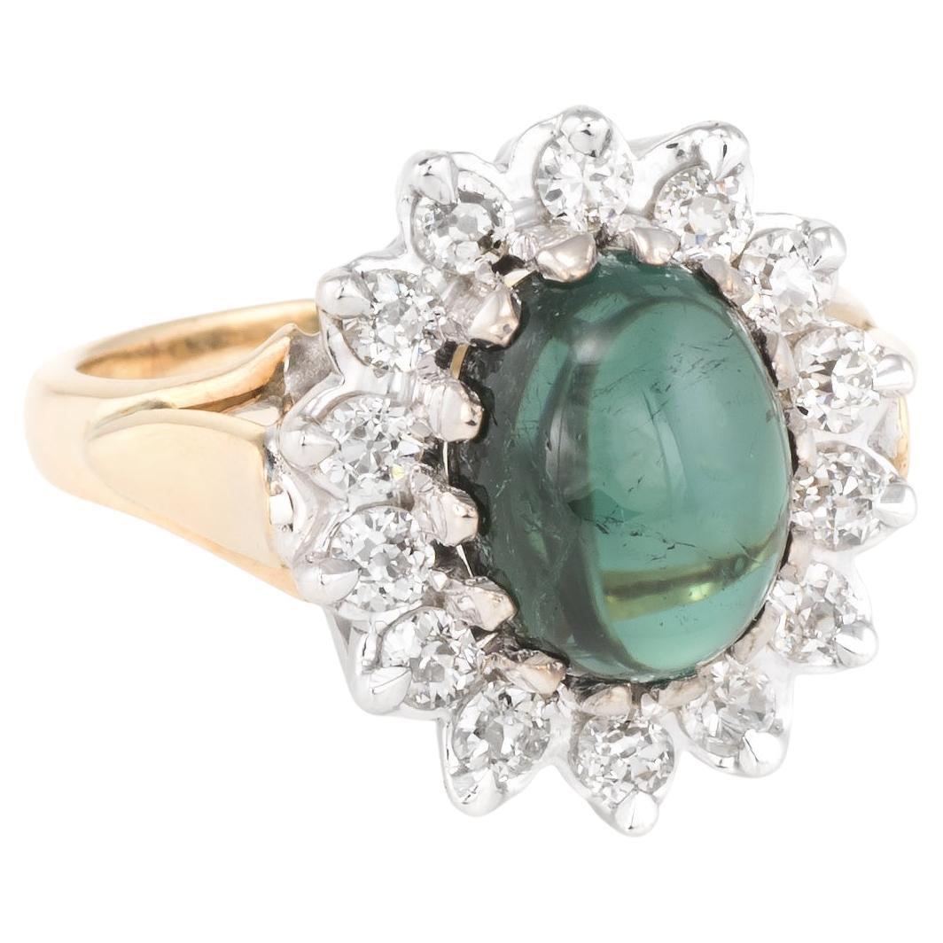 Green Tourmaline Diamond Princess Cocktail Ring Vintage 14k Yellow Gold Estate