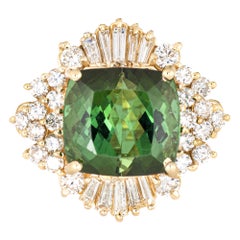 Green Tourmaline Diamond Ring Vintage 14 Karat Yellow Gold Estate Fine Jewelry