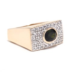 Green Tourmaline Diamond Square Ring, 14K Yellow Gold, Ring