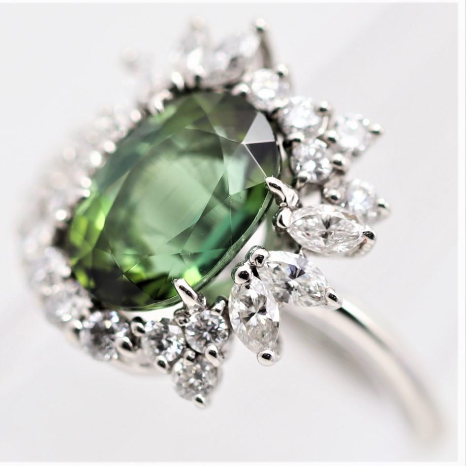 Mixed Cut Green Tourmaline Diamond Sunburst Platinum Ring For Sale