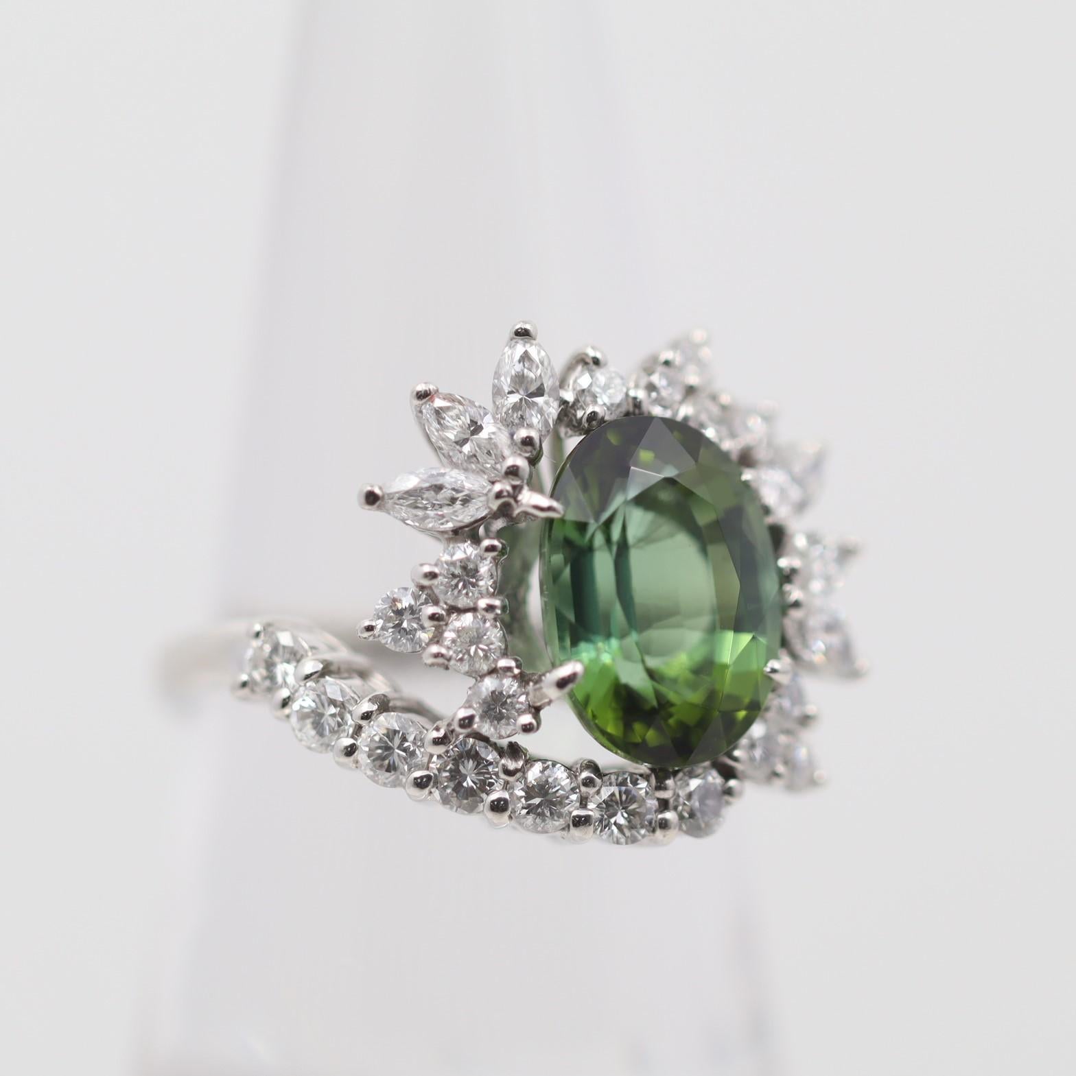 Women's Green Tourmaline Diamond Sunburst Platinum Ring For Sale