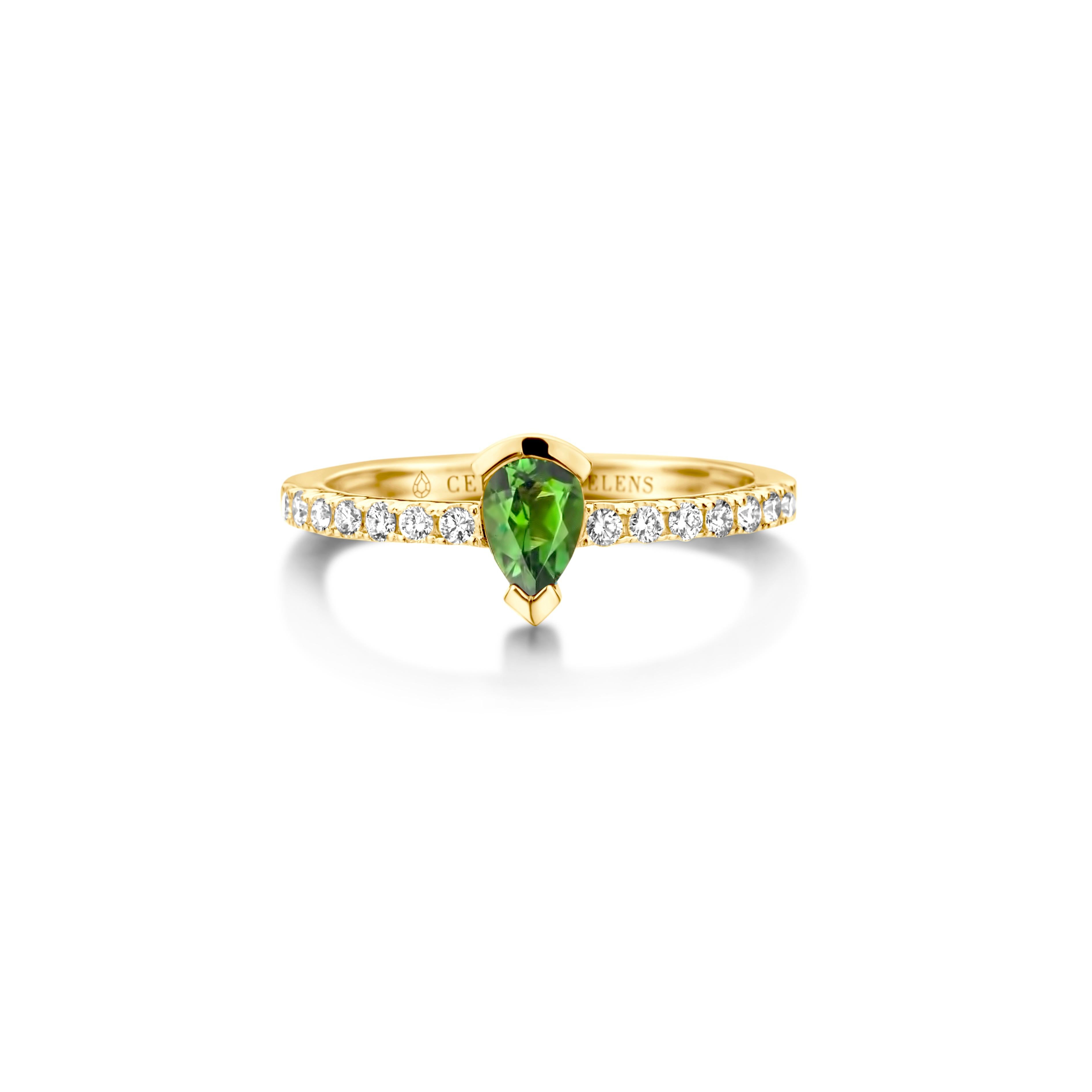 Adeline Straight ring in 18Kt white gold set with a pear-shaped green tourmaline and 0,24 Ct of white brilliant cut diamonds - VS F quality. Also, available in yellow gold and white gold. Celine Roelens, a goldsmith and gemologist, is specialized in