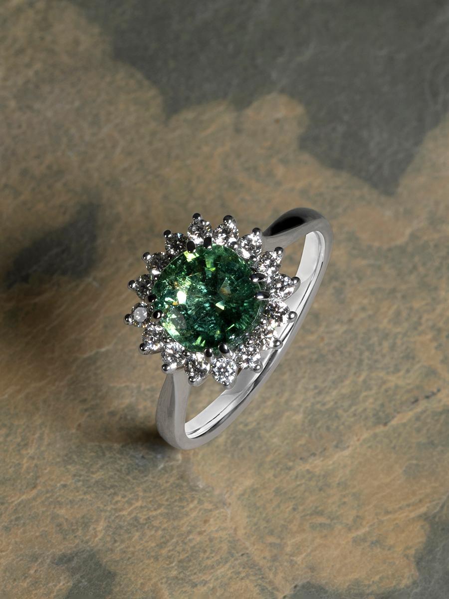 Green Tourmaline Diamond White Gold Ring Art Deco Style Flower For Sale 6
