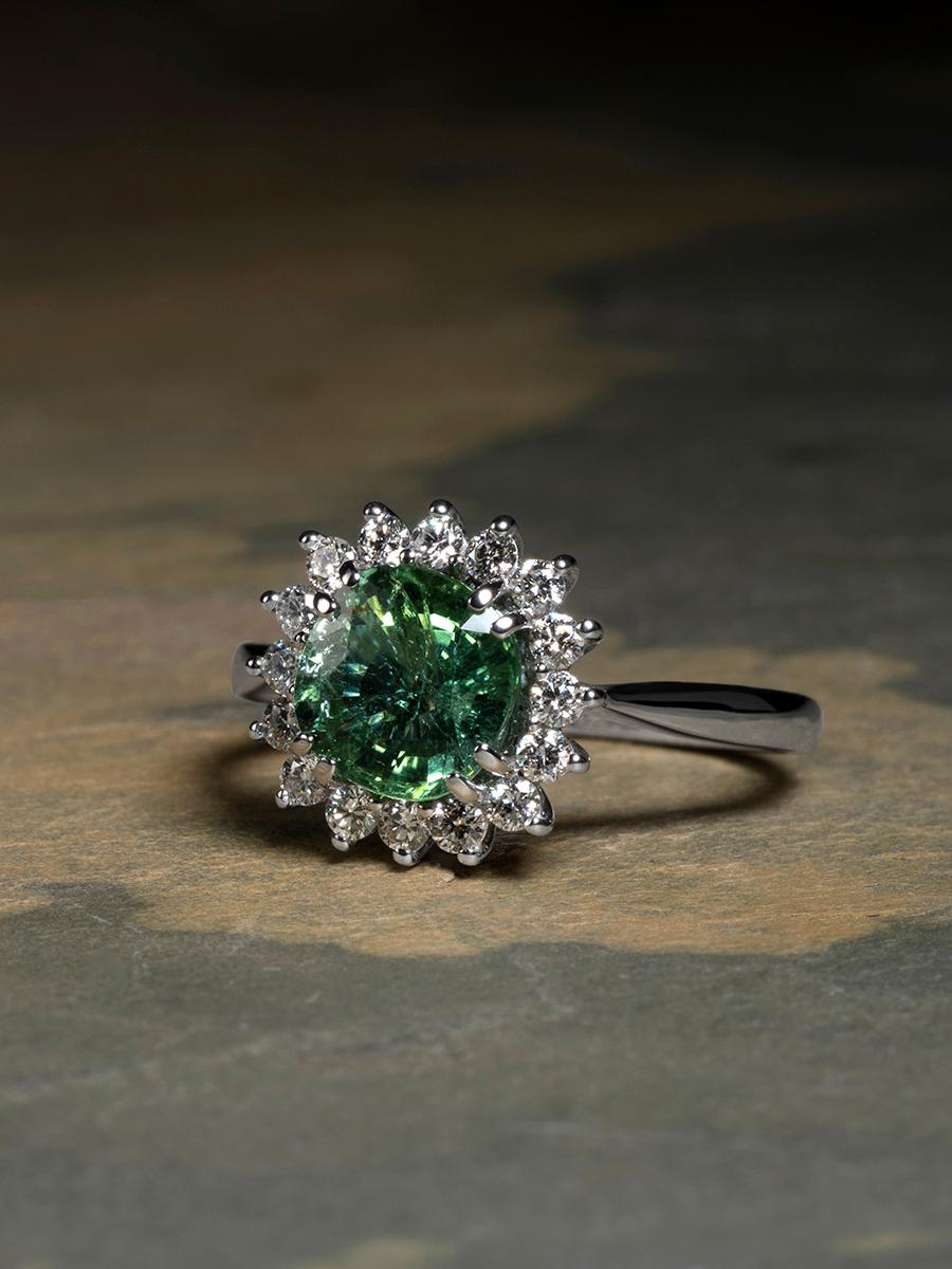 Green Tourmaline Diamond White Gold Ring Art Deco Style Flower For Sale 7
