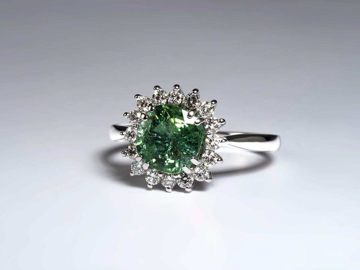 Green Tourmaline Diamond White Gold Ring Art Deco Style Flower For Sale 8