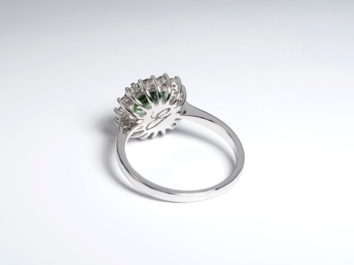 Green Tourmaline Diamond White Gold Ring Art Deco Style Flower For Sale 9