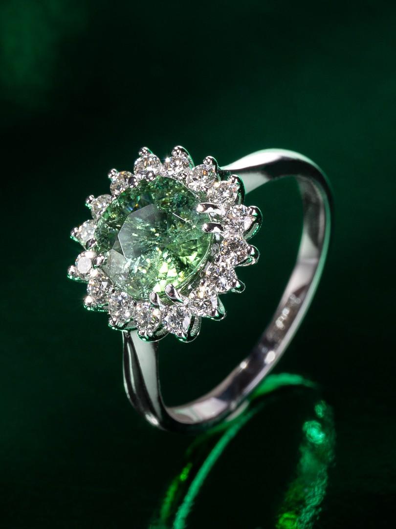 Round Cut Green Tourmaline Diamond White Gold Ring Art Deco Style Flower For Sale