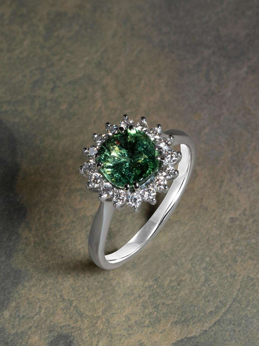 Green Tourmaline Diamond White Gold Ring Art Deco Style Flower For Sale 2