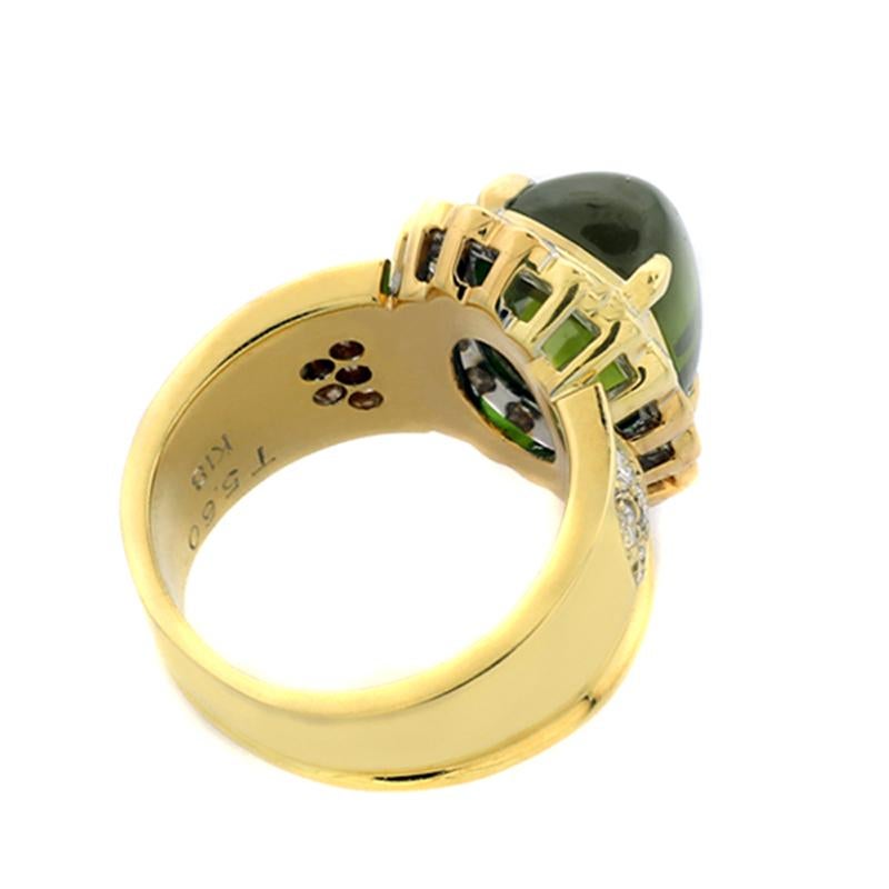 Cushion Cut Green Tourmaline Diamonds Color D-G Ring 18kt Yellow Gold Lab Report by ALGT For Sale
