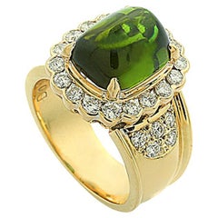 Bague en or jaune 18 carats avec diamants et tourmaline verte de couleur D-G, rapport de laboratoire d'ALGT