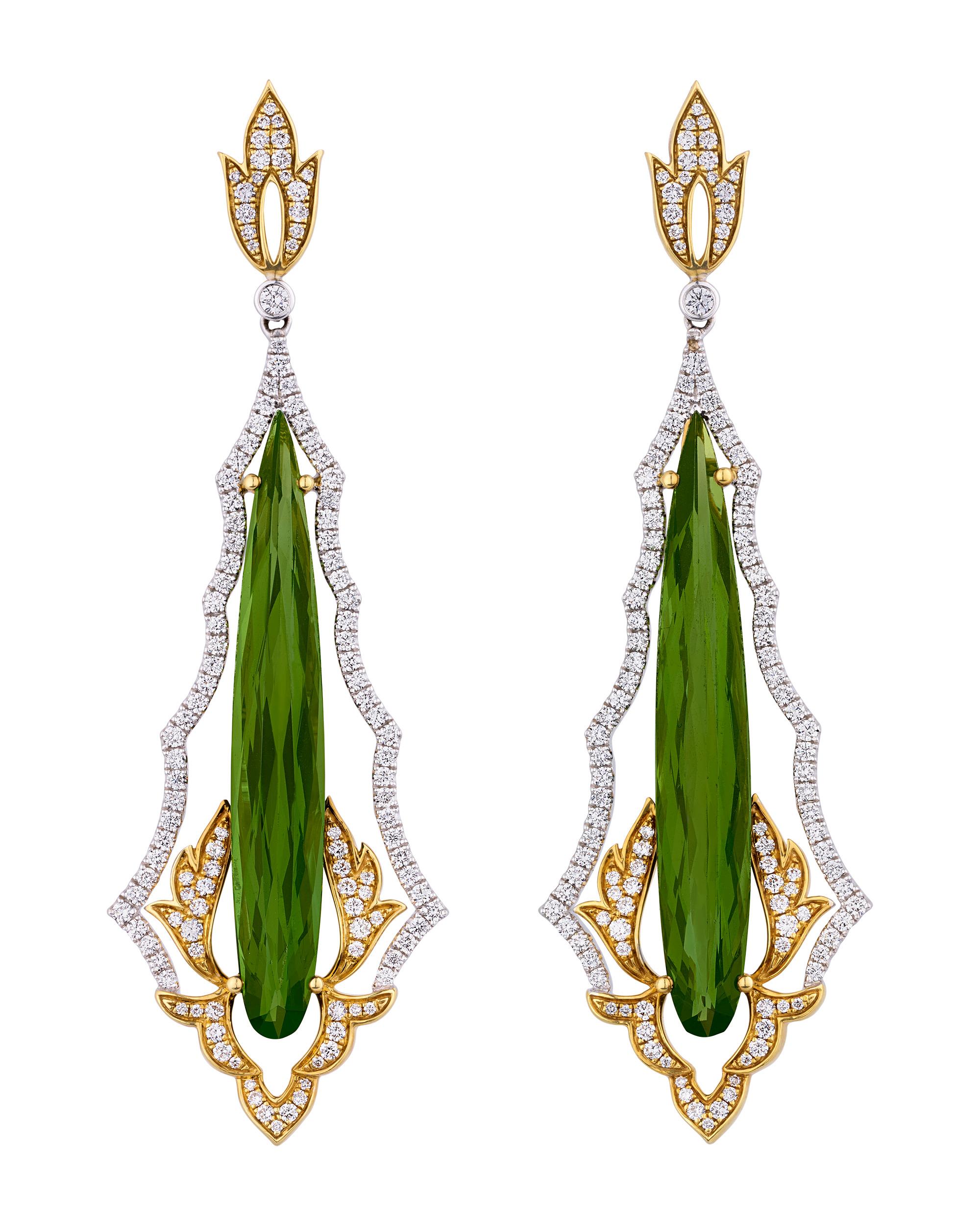 Pear Cut Green Tourmaline Earrings, 14.16 Carats For Sale