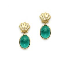 Green Cabochon Cut Tourmaline Earrings with 18 Karat Gold and Diamond Shells