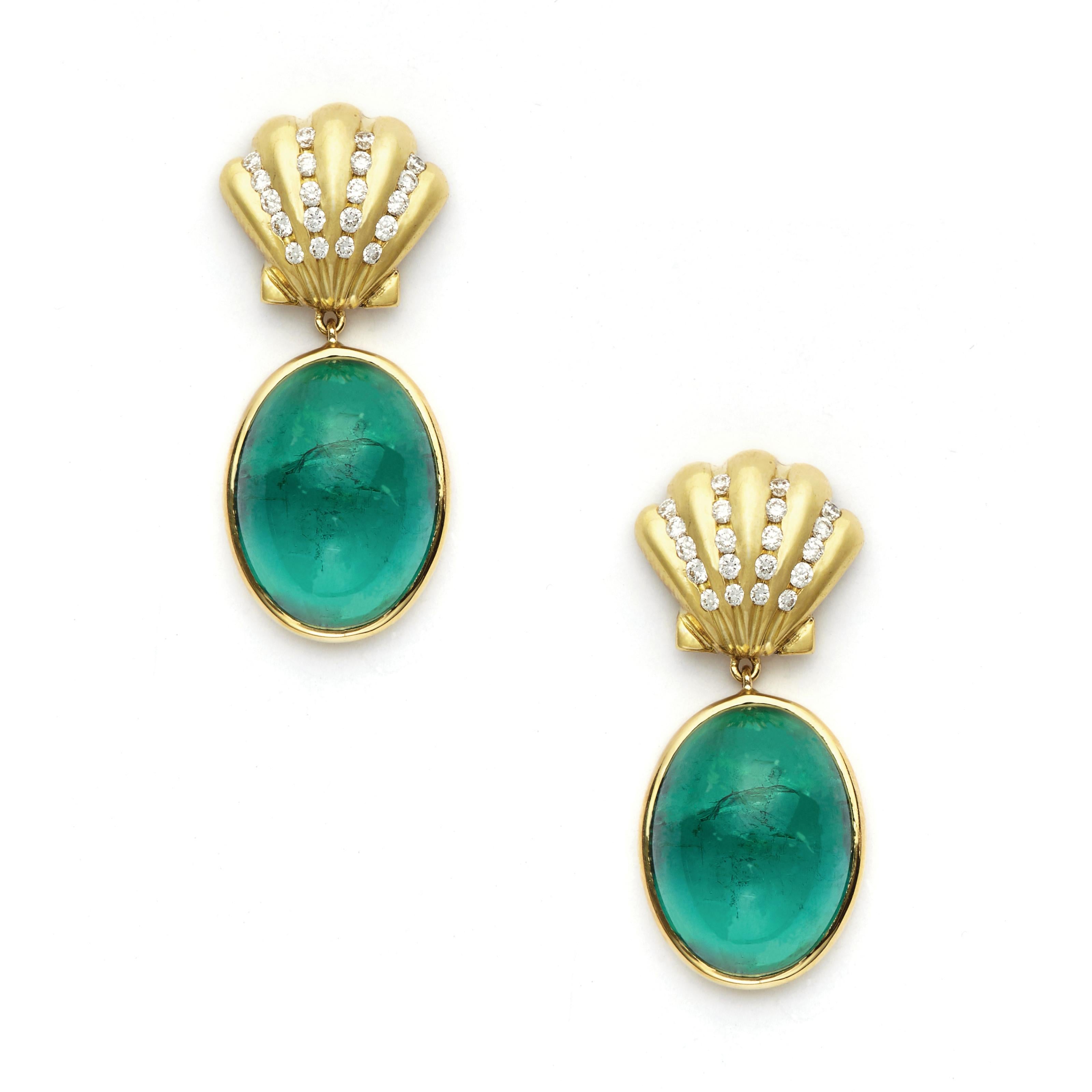 Artisan Green Cabochon Cut Tourmaline Earrings with 18 Karat Gold and Diamond Shells