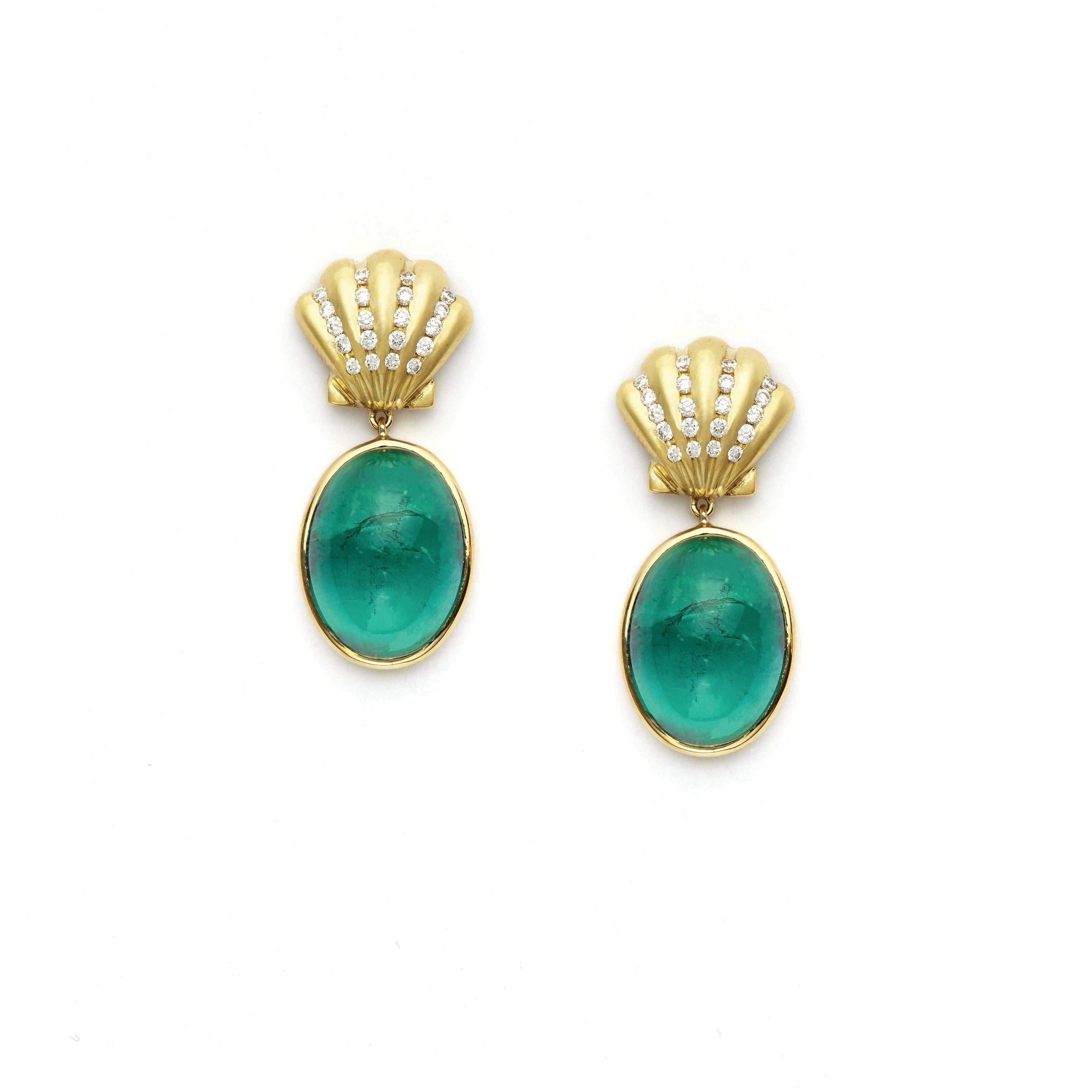 Oval Cut Green Cabochon Cut Tourmaline Earrings with 18 Karat Gold and Diamond Shells