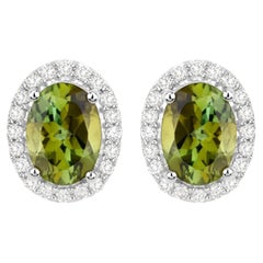 Green Tourmaline Earrings With Diamonds 1.88 Carats 14K White Gold