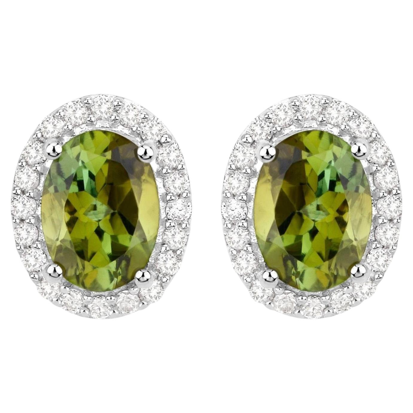 Green Tourmaline Earrings With Diamonds 1.88 Carats 14K White Gold