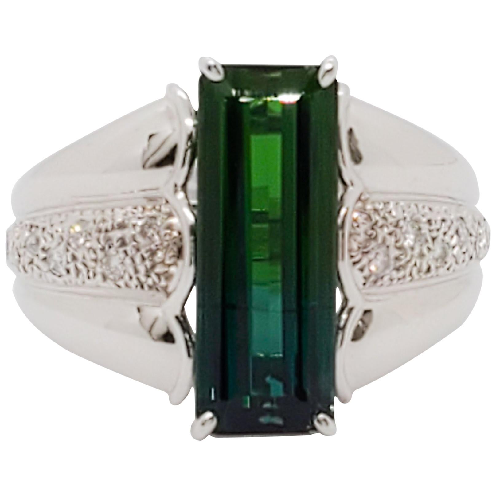 Green Tourmaline Emerald Cut and White Diamond Cocktail Ring in Platinum