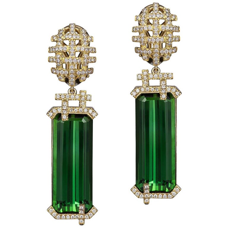 Green Tourmaline Emerald Cut Earrings with Diamonds For Sale at 1stdibs