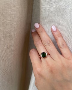 Green Tourmaline Emerald Cut Ring with Baguette Diamonds, Three Stone Ring