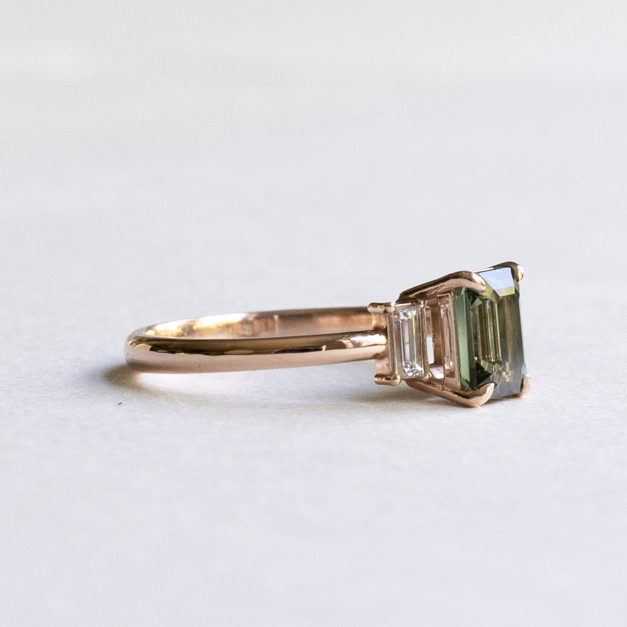 For Sale:  Green Tourmaline Emerald Cut Ring with Baguette Diamonds, Three Stone Ring 4