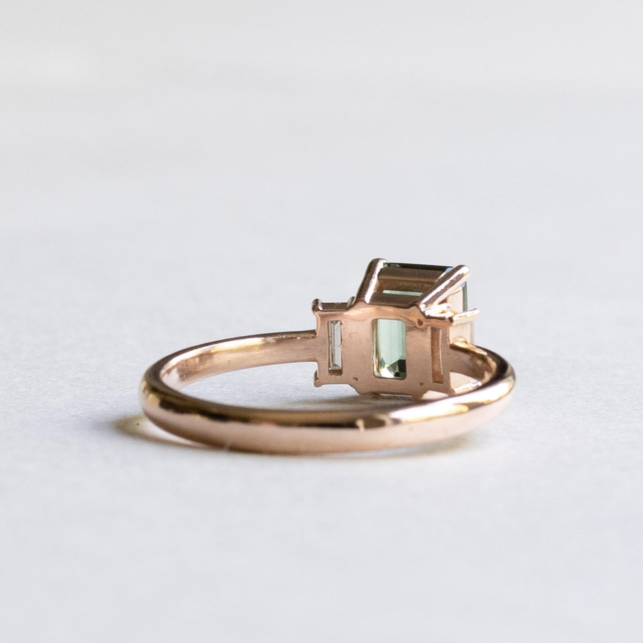 For Sale:  Green Tourmaline Emerald Cut Ring with Baguette Diamonds, Three Stone Ring 7