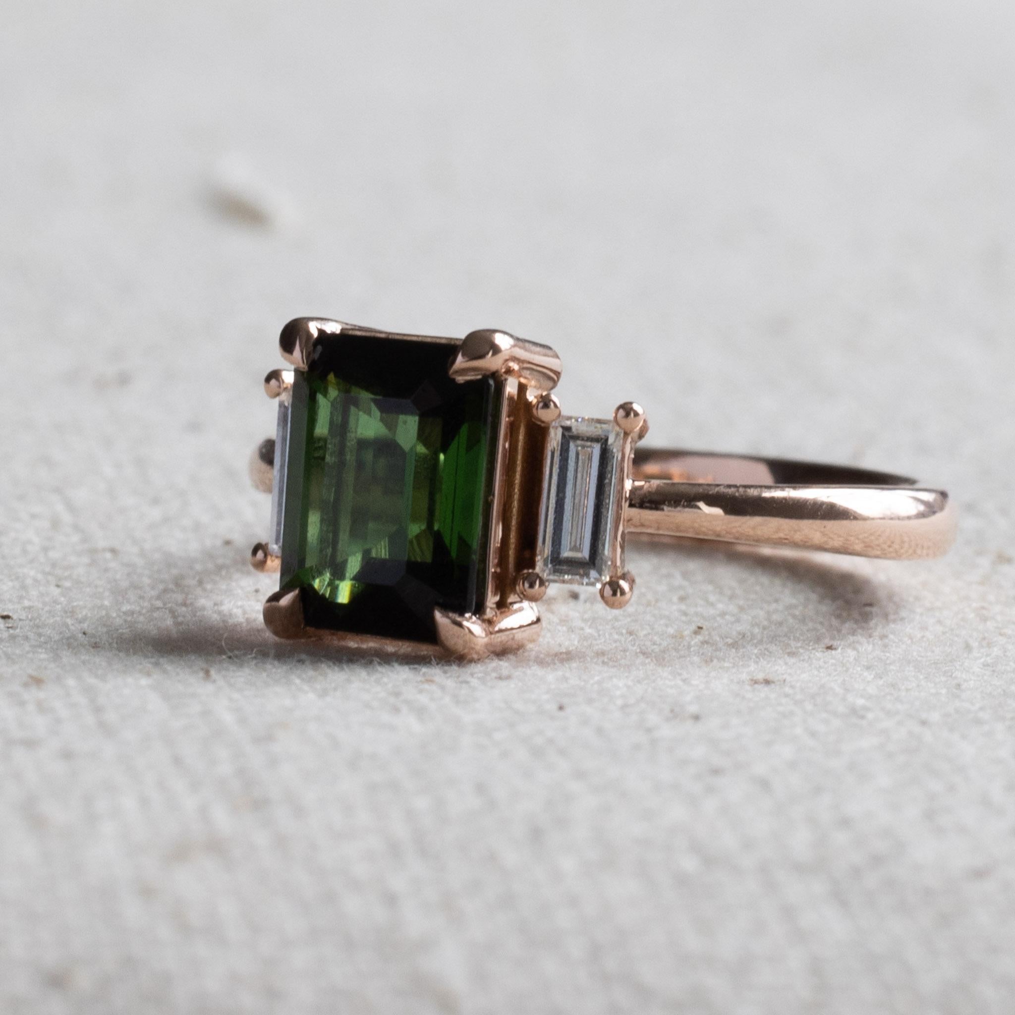 Art Deco Green Tourmaline Emerald Cut Ring with Baguette Diamonds, Three Stone Ring For Sale