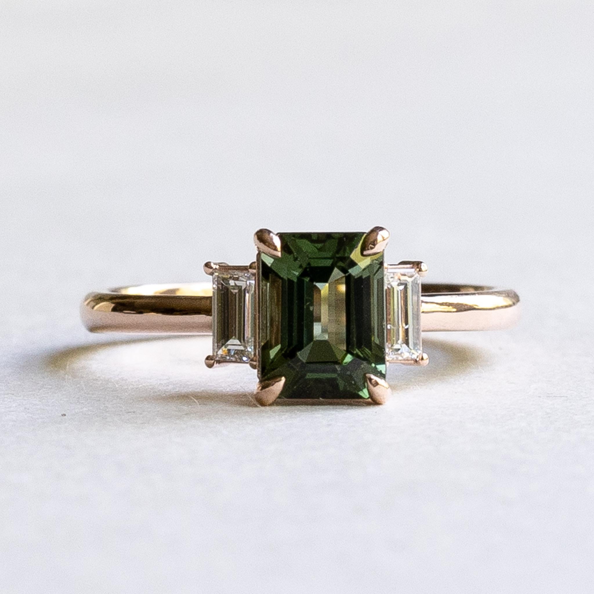 For Sale:  Green Tourmaline Emerald Cut Ring with Baguette Diamonds, Three Stone Ring 8