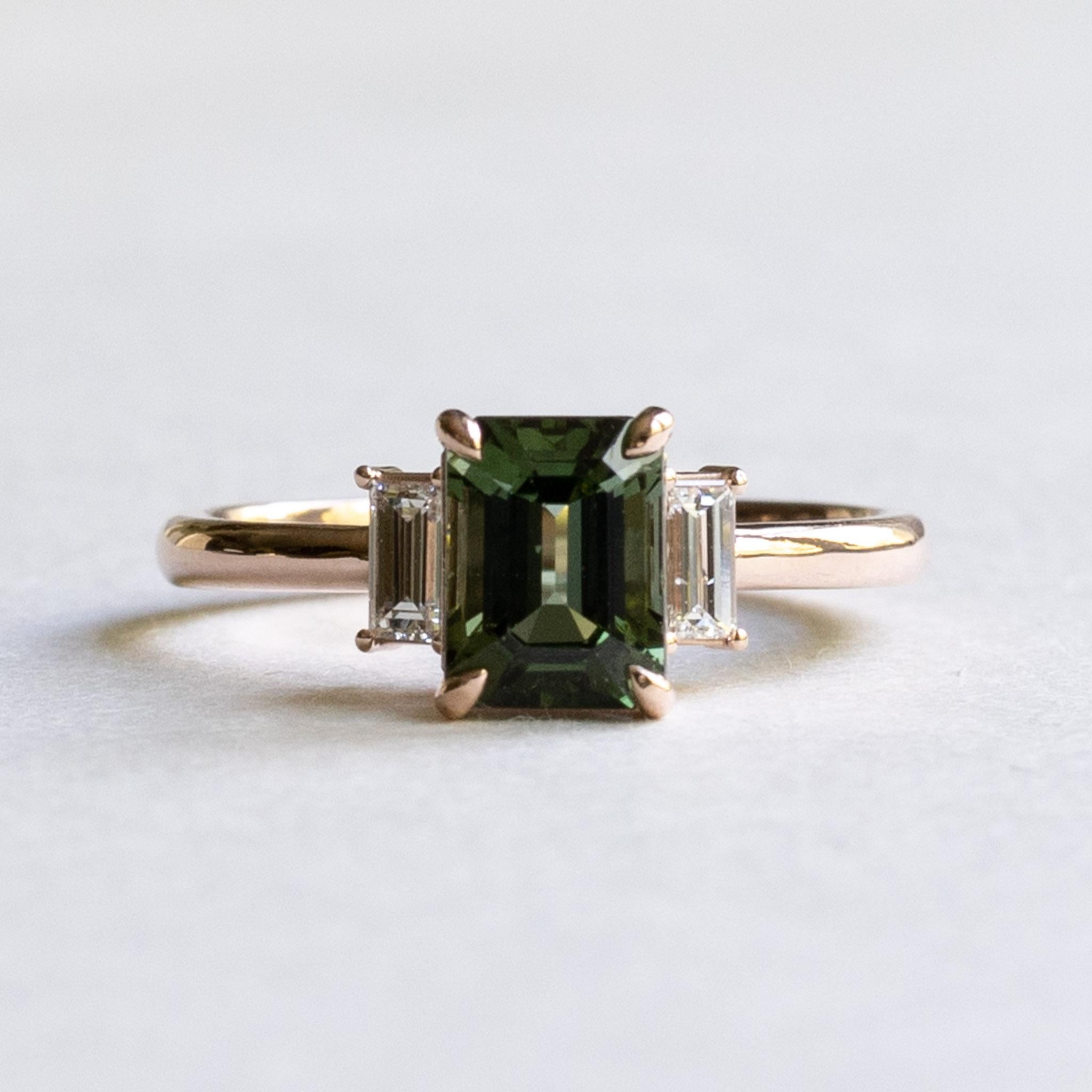 For Sale:  Green Tourmaline Emerald Cut Ring with Baguette Diamonds, Three Stone Ring 5