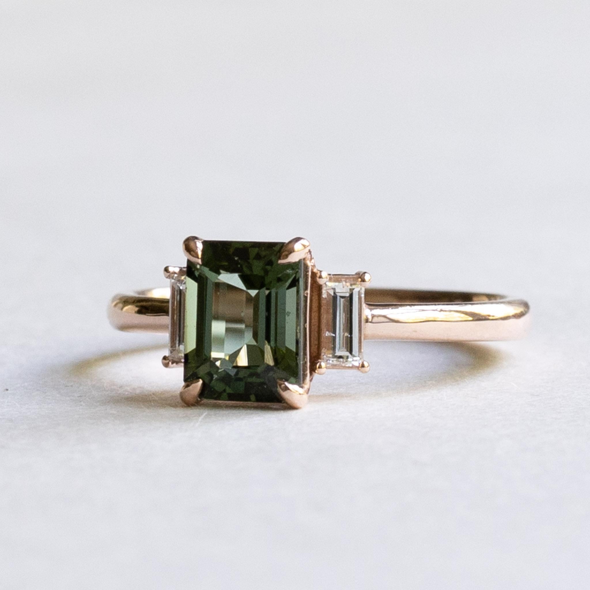For Sale:  Green Tourmaline Emerald Cut Ring with Baguette Diamonds, Three Stone Ring 6