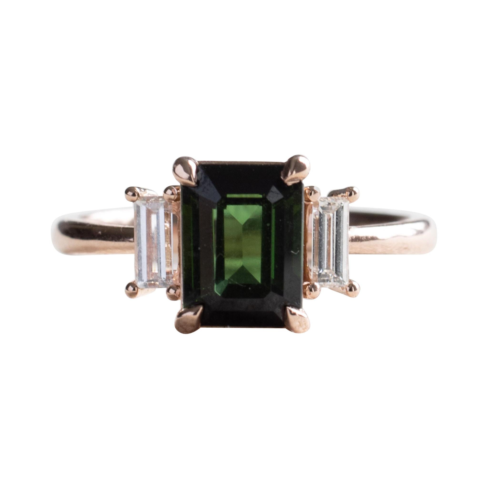 Green Tourmaline Emerald Cut Ring with Baguette Diamonds, Three Stone Ring For Sale