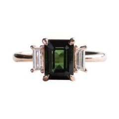 Green Tourmaline Emerald Cut Ring with Baguette Diamonds, Three Stone Ring