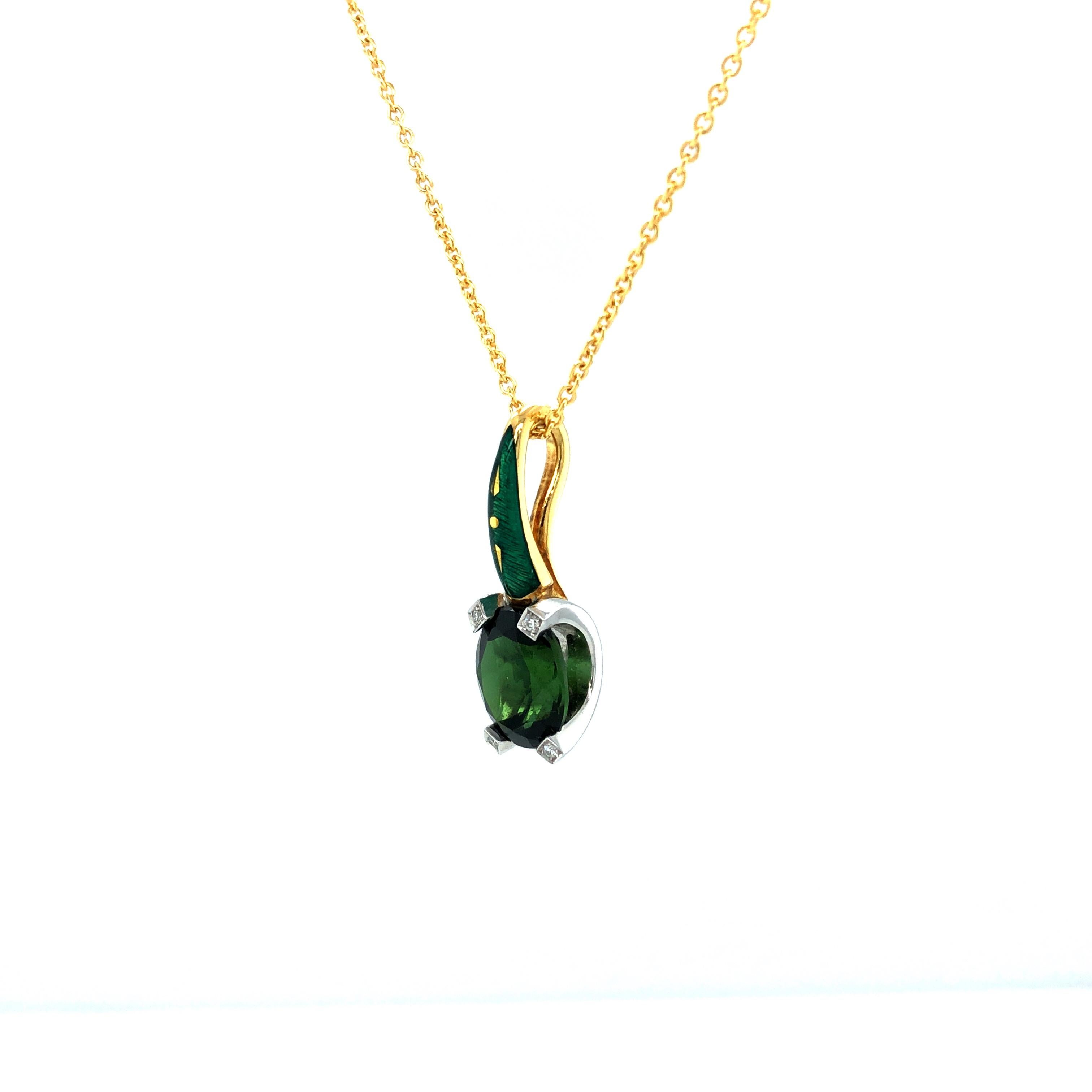 Victor Mayer pendant necklace, Cocktail collection, 18k yellow gold white gold, emerald green vitreous enamel with three paillons, 5 diamonds, total 0.03 ct, G VS, green Tourmaline

About the creator Victor Mayer
Victor Mayer is internationally